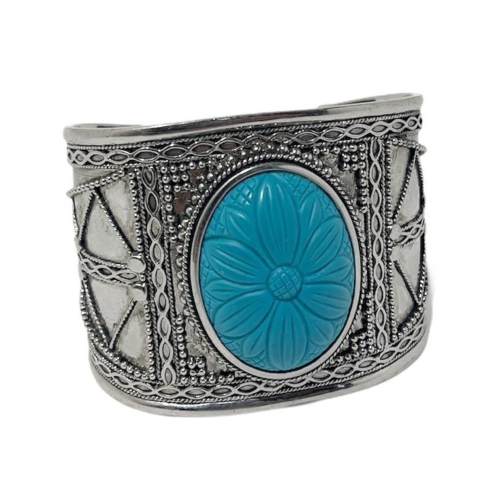Vintage  Cuff Bracelet Turquoise Flower Stone Wide Bangle Silver Plated